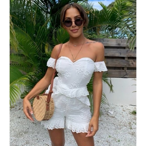 White Broderie Anglaise Lace Short Sleeve Off Shoulder Frill Hem Romper Playsuit - Picture 10 of 14